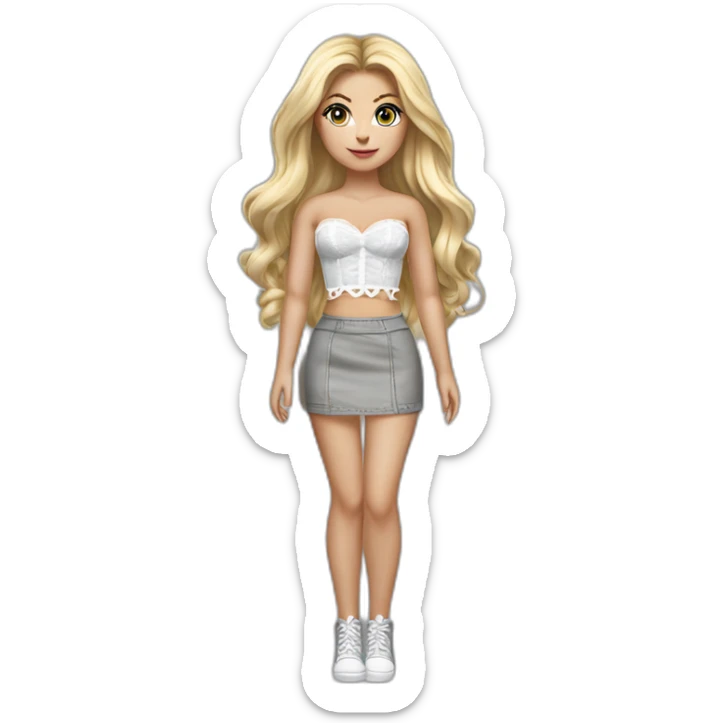 hyperrealistic caucasian blonde female, long straight hair, white lace-up crop bustier, grey tight mini skirt, full view sticker