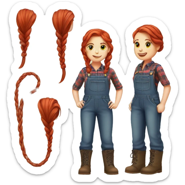 Farmer girl with red hair with braids and plaid shirt and overalls  sticker