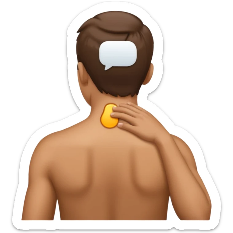person with strain in the back of their neck. One hand holding the back of the neck sticker