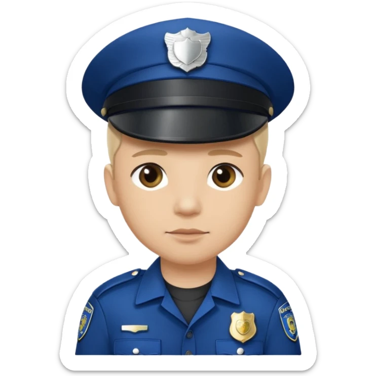 This is a cartoon-style avatar of a police officer with light skin, wearing a dark blue cap featuring a silver badge, and showing a neutral expression. sticker
