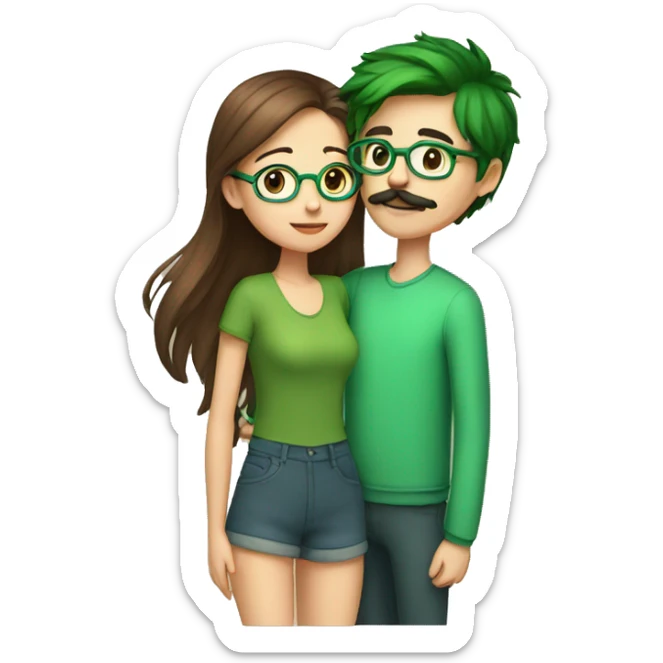 A boy with brown hair and a mustache is kissing a green haired girl wearing glasses sticker