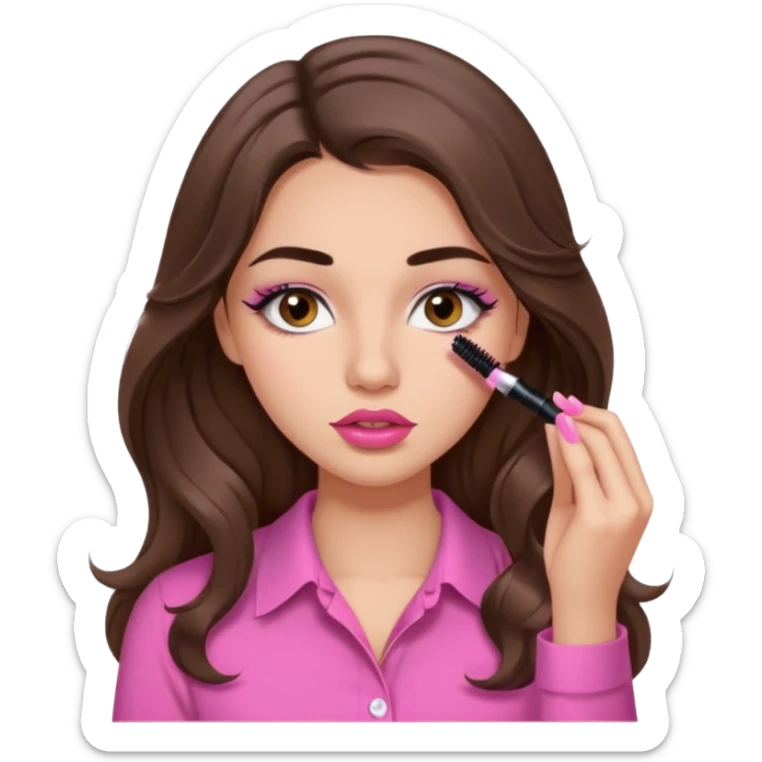 girl with long wavy brown hair, brown eyes, light to medium complexion, in a pink shirt, pink lips, long lashes, puckered lips, putting on mascara sticker