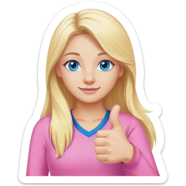 Pretty Blonde with long hair model, blue eyes In pink clothes, thumbs up sticker