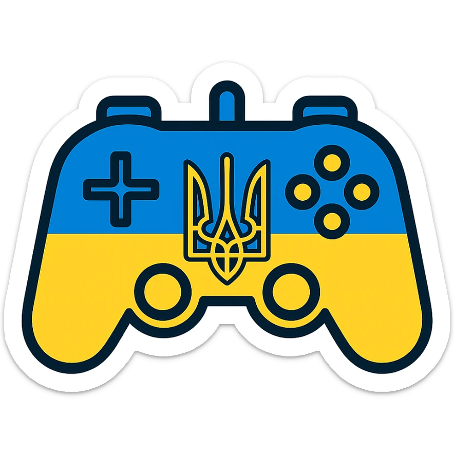 Gamepad with the coat of arms of Ukraine, icon style, blue and yellow colors sticker