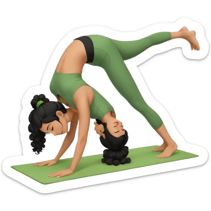 a woman with olive skin tone and curly black hair wearing green and doing a downward dog yoga pose sticker