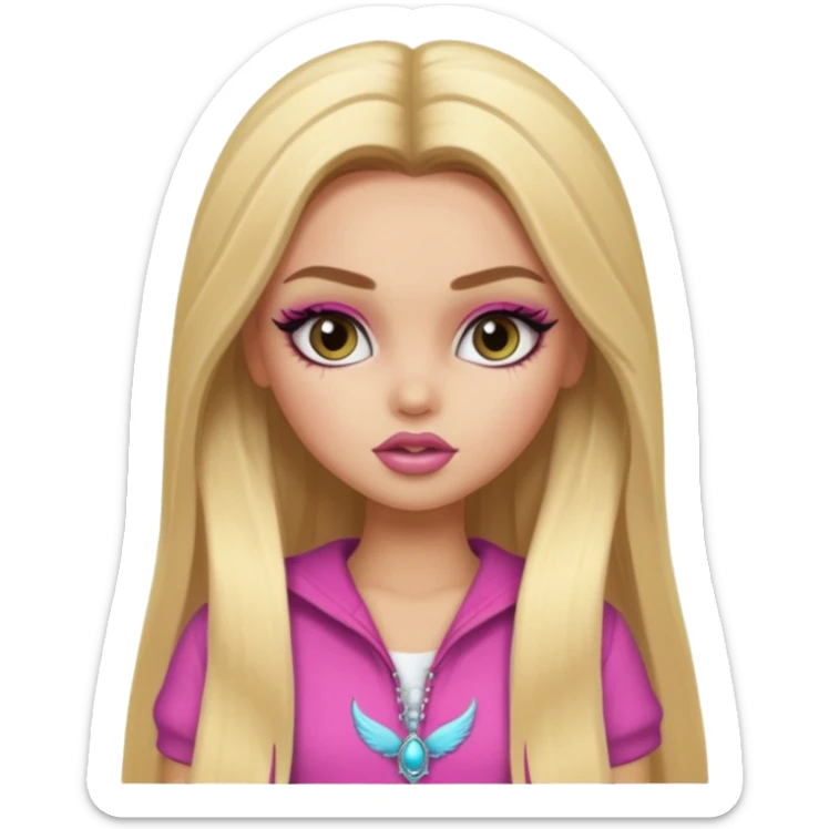 pretty bratz baddie, long blonde straight hair, pretty makeup, fake lashes, baddie clothes sticker