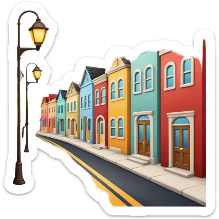 emoji of a small cozy street scene — a narrow road with a sidewalk, a few colorful buildings on the sides, and a streetlight. Soft daylight, clean design, minimal background, cheerful and detailed Apple emoji style sticker