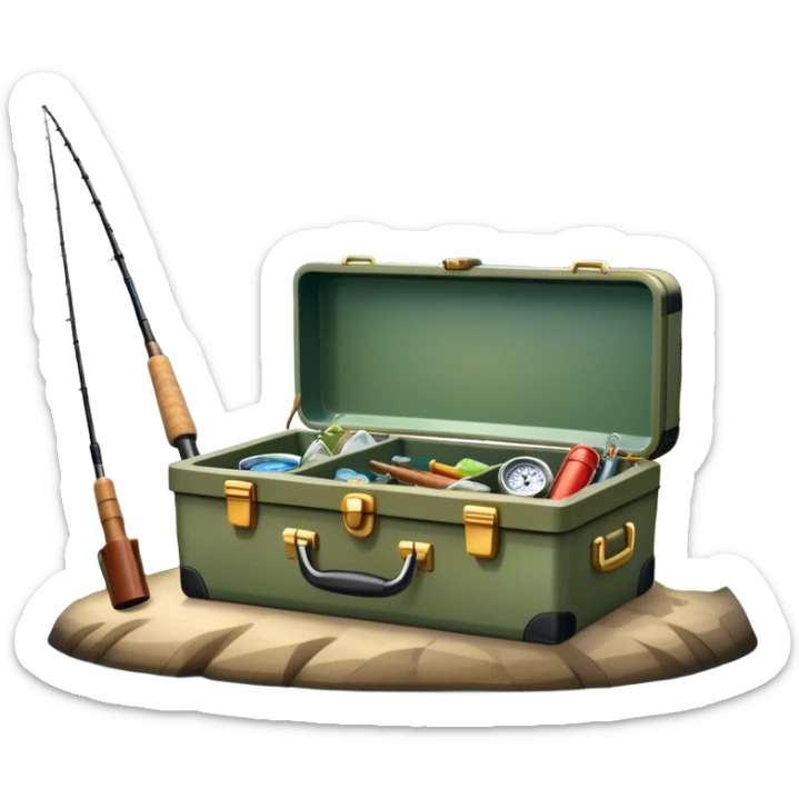 Icon for Fishing: a boat on the shore of a peaceful water body with a beautiful natural landscape, a fishing tackle box, a spinning rod. The icon should capture the tranquility and gear of a fishing adventure. Without frame. Transparent background. sticker