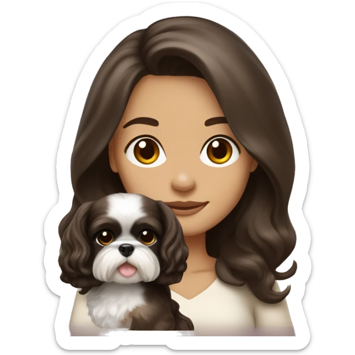 Young dark brunette medium kin hair woman with a cream shih tzu in her arms long wavy hair sticker