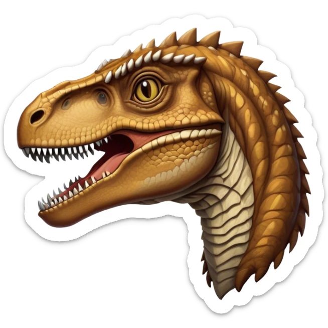 Cinematic Realistic Noble velociraptor/T-rex Portrait Emoji, Poised and imposing, with a massive, muscular build and a rugged, intricately scaled hide in ancient earthy tones, a sharply defined, fearsome head with piercing, primal eyes rendered in lifelike detail, high shine, intelligent and formidable, styled with an air of prehistoric authority, focused and attentive, soft glowing outline, capturing the essence of a watchful and confident velociraptor/T-rex that appears ready to roar out of the screen with timeless power! sticker