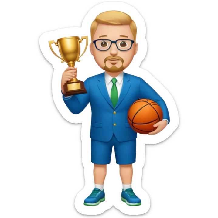 Full Body white fat male  wearing glasses with a goatee with strawberry blond very short hair basketball head Coach in blue and green suit holding trophy sticker