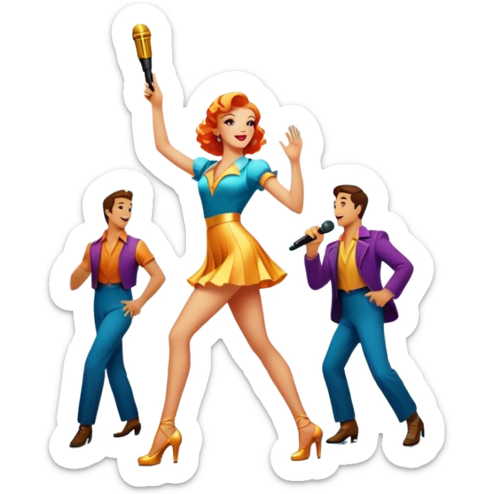 Vintage movie poster-style icon for a musical film. The cityscape glows in the background, evoking the golden era of musicals. A vibrant street scene with bright lights, dancers mid-step, a singer with a microphone. Transparent background. sticker