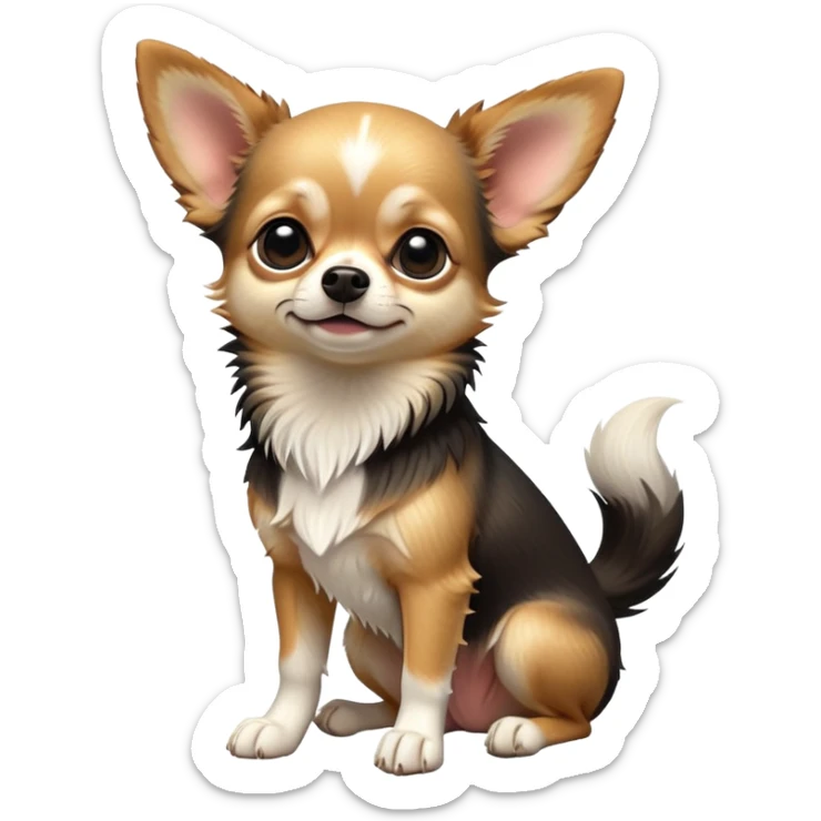 cinematic-[chihuahua dog]-realistic-full-body-sitting-emoji,-tail-resting-loosely-beside-its-paws,-head-tilted-dramatically,-scruffy-[black and tan and white]-fur,-simplified-yet-realistic-focused-features,-highly-detailed,-glowing-with-an-almost-sarcastic-glow sticker