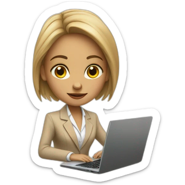 A girl in a beige business suit sits at a laptop sticker