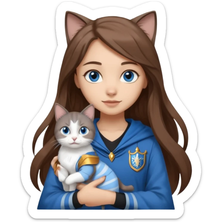 gorgeous Girl with light skin, blue eyes, long brown hair, wears a ravenclaw outfit, with a grey and white cat holding in her arms sticker