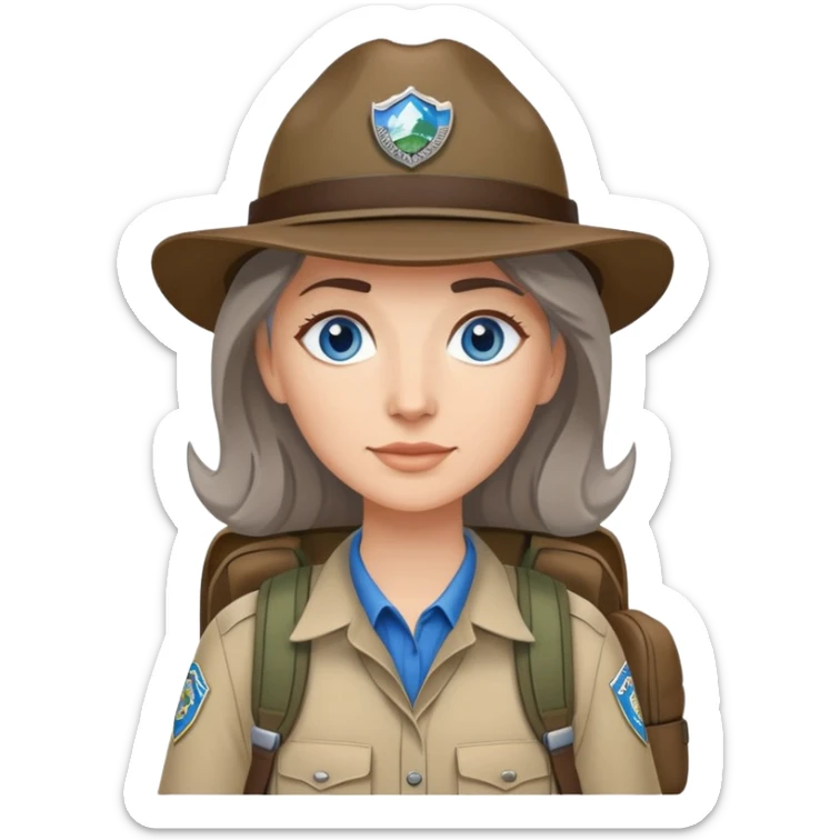white woman park ranger with blue eyes, brown and gray hair, wearing a backpack sticker