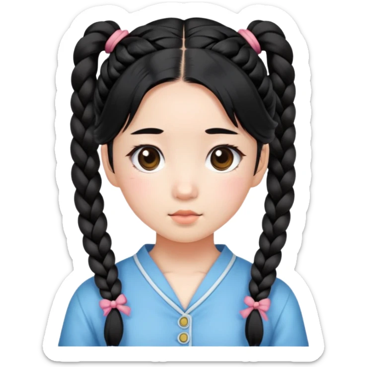 Korean girl, cute girl,  braided pigtails tied down, black hair sticker