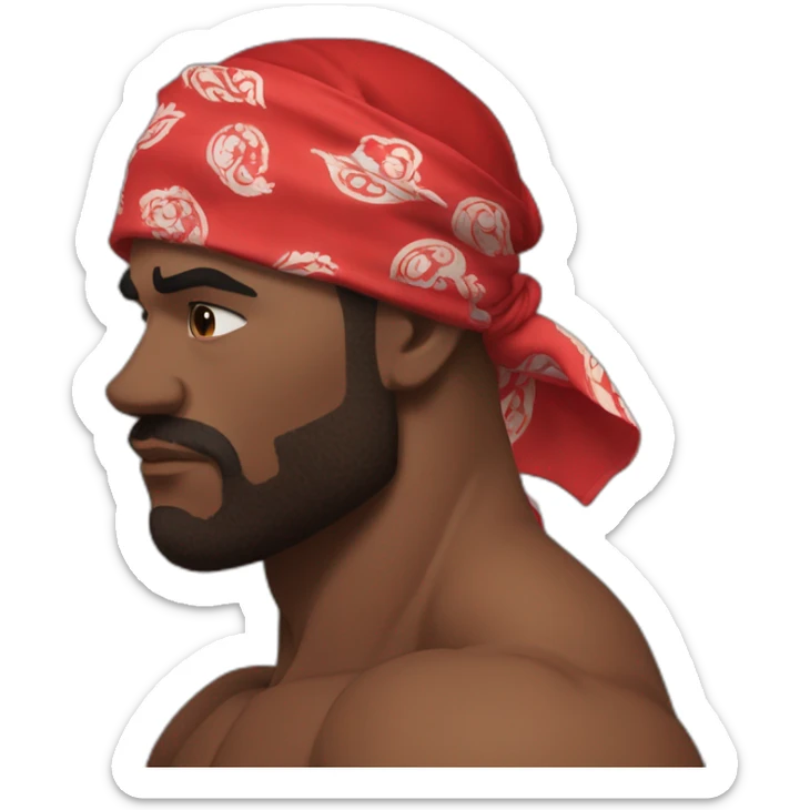 muscular man in red bandana standing sideways turns his head to face the viewer,his hand is bent in the elbow,torso sticker