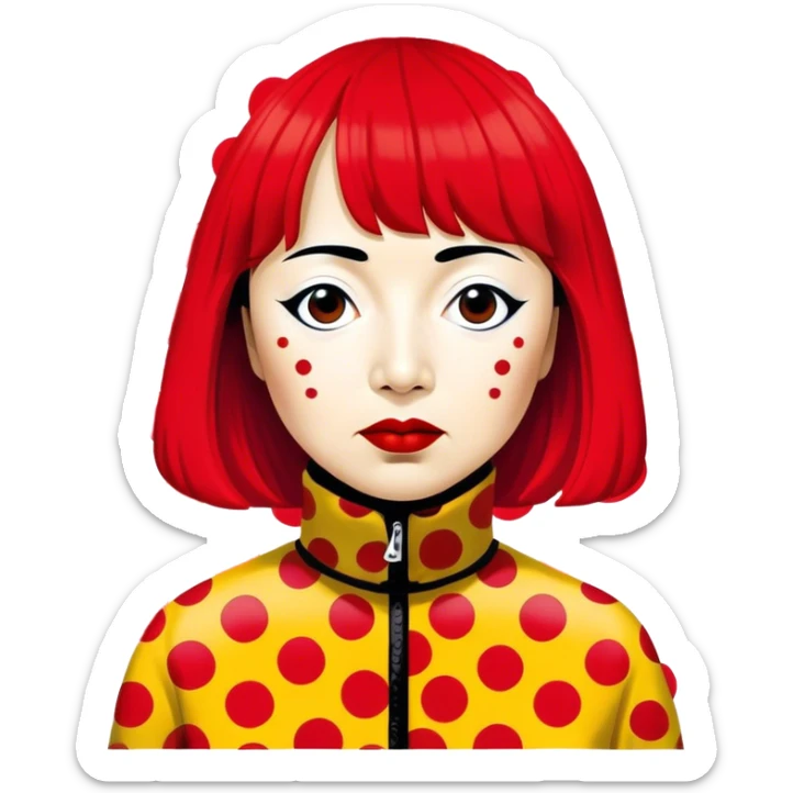 Yayoi Kusama – Cinematic Realistic Portrait of Yayoi Kusama, depicted as an avant-garde artist with an eccentric, captivating expression surrounded by her iconic polka dot patterns, rendered with vivid textures and imaginative lighting that evokes her unique, surreal creative world. sticker