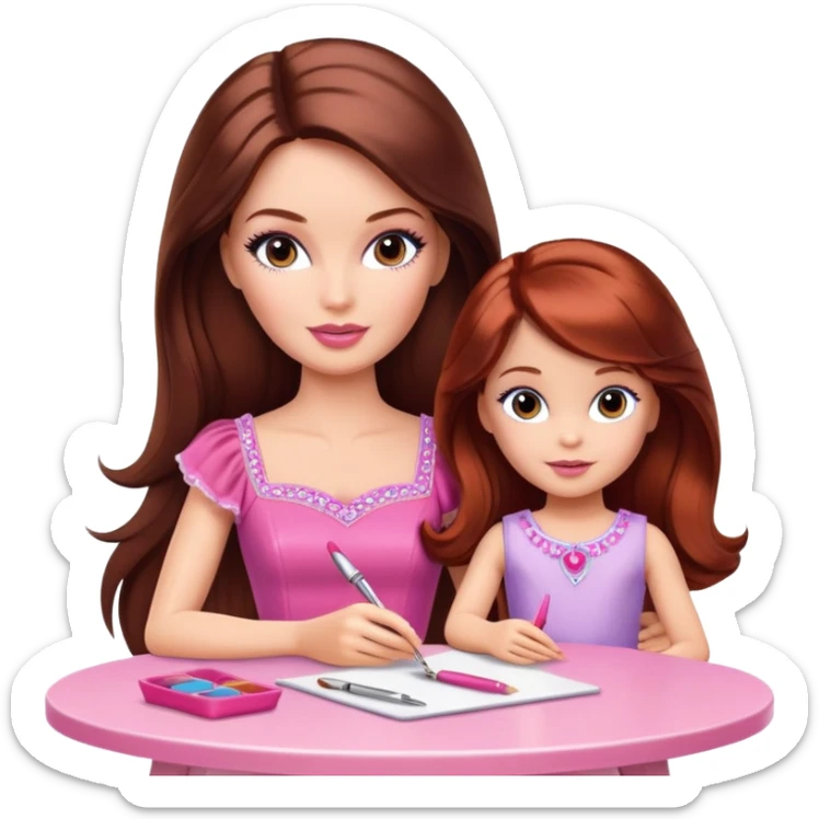 A Barbie girl with makeup, with long dark brown hair, with a child, a daughter with red-brown hair, sitting at a table sticker