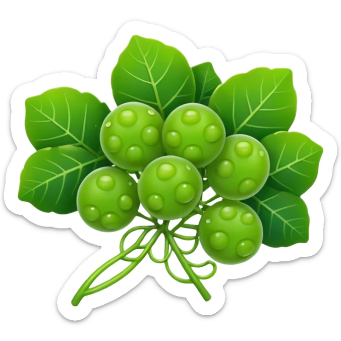 Sea grapes (Caulerpa lentillifera) with an elongated, cylindrical shape, made of many tiny translucent green bead-like bubbles,  much smaller than real grapes, clustered tightly along a thin stem, glossy and fresh, emoji-style illustration, simplified shape, clean outline, cute and minimal sticker