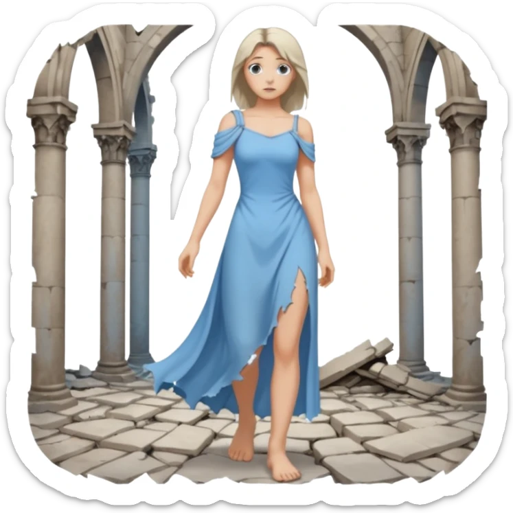 Female figure standing barefoot in ruined cathedral, dress slipping from shoulder sticker