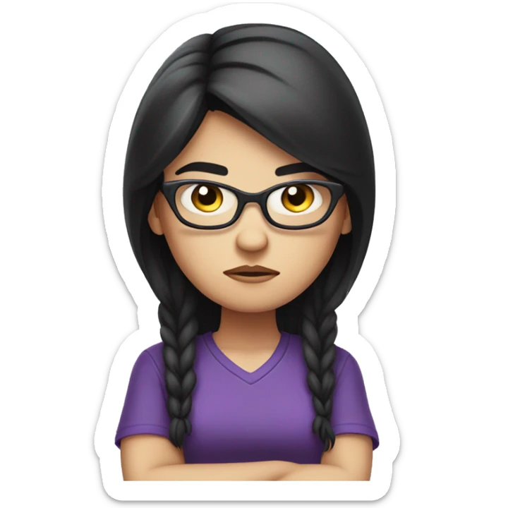 Angry scowling white girl, purple t-shirt, long black hair, wearing glasses, with arms crossed over chest. sticker