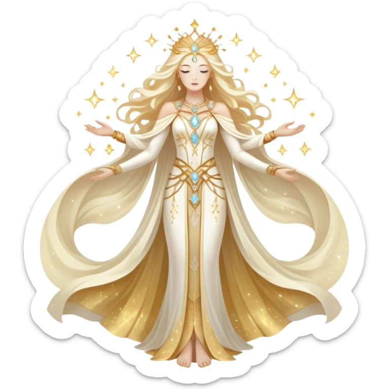 fullbody universe goddess Sophia, Ethereal Light Being, Made of starlight and fractals, Glowing white/gold skin with flowing translucent robes, Hair like galaxy mist, Jewelry made of stars and crystals sticker