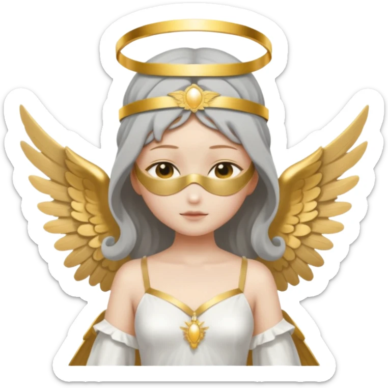 angel with gray skin, blindfolds, no eyes, with two large wings, with a white and golden dress, with a golden halo sticker