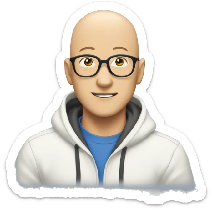 bald saitama in his 30s wearing glasses, smiling, in a blue hoodie sticker