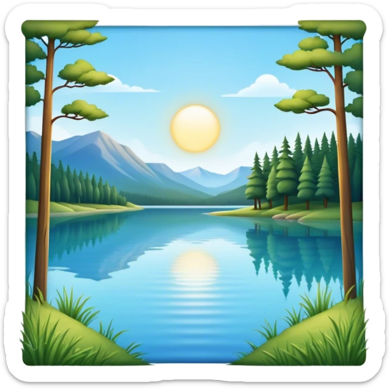 Cinematic Realistic Lake Emoji, Calm and reflective, with clear blue waters mirroring the surrounding landscape, framed by tall trees and grassy shores. The sunlight sparkles on the water’s surface while birds and animals play at the edge. Soft glowing outline, capturing the essence of peaceful serenity in a tranquil lake. sticker
