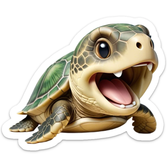 Cinematic Realistic Cute Yawning Sea Turtle Portrait Emoji, Head tilted slightly with a dramatic, wide-open yawn, showcasing a soft, textured shell and a tender, aged face with half-closed, drowsy eyes, rendered with natural shadows and delicate detail; high shine, relaxed yet expressive, styled with a dash of oceanic charm, soft glowing outline, capturing the essence of a sleepy yet affectionate sea turtle that appears ready to stretch out and drift into a peaceful nap! sticker