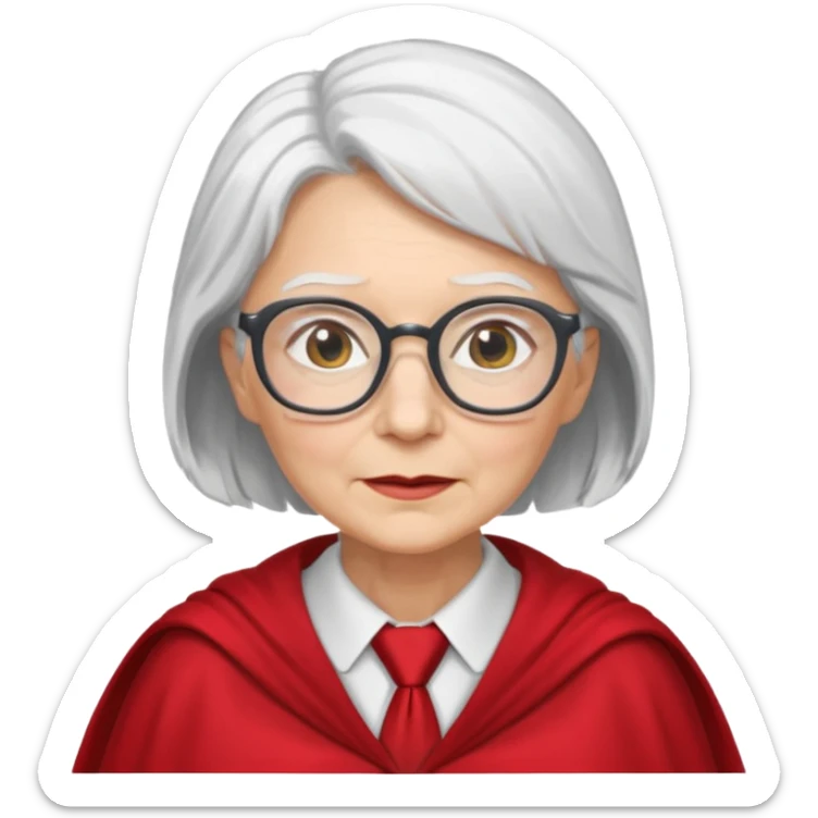 An older woman with glasses and white hair, in a red tie and cape sticker