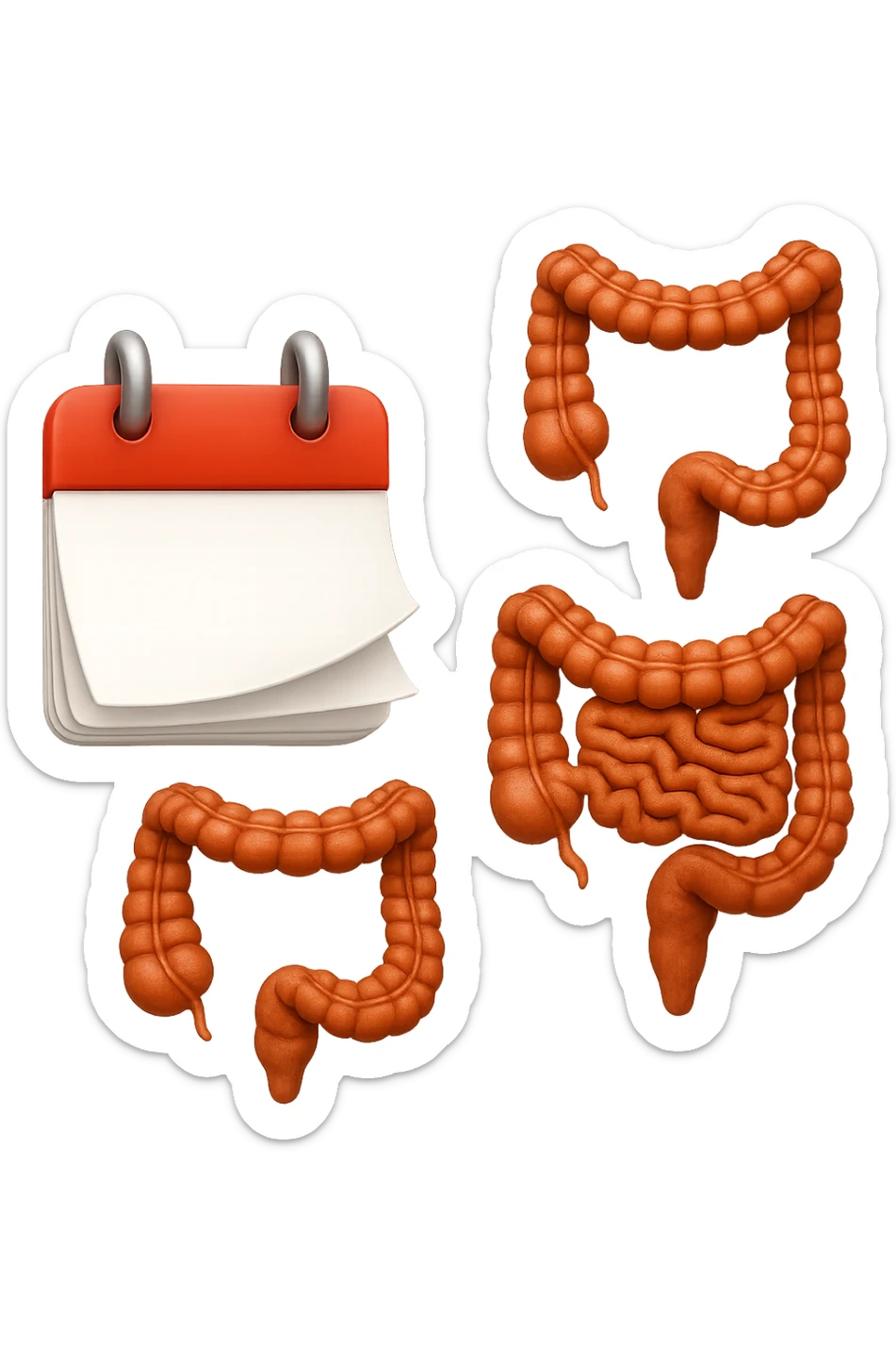 emoji stile iphone di un calendario con fogli che volano insieme a pezzi anatomici di colon umano, iperrealistico 4k, isolato su sfondo bianco sticker