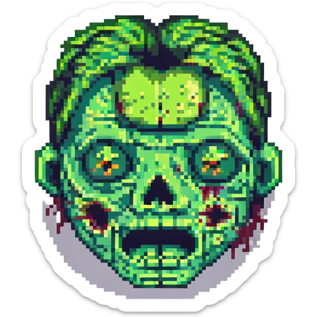 zombie face emoji, pixel art, classic emoji proportions, green face sticker