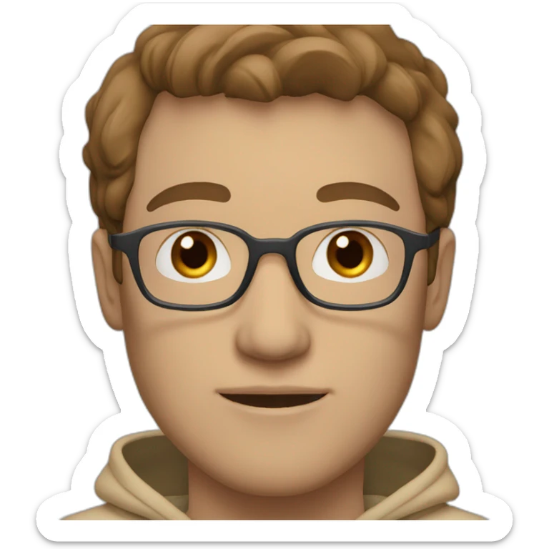 Man with blue eyes and brown hair and glasses wearing a beige hoodie sticker