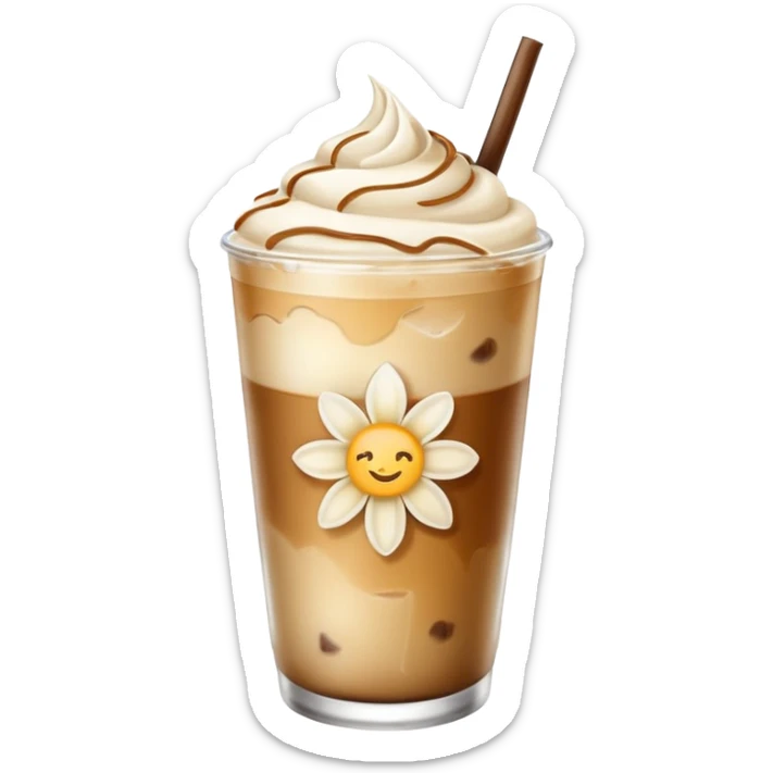 iced vanilla latte, glass with ice, vanilla flower garnish, soft highlights, no text, emoji style sticker