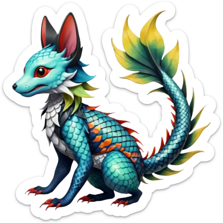 Edgy badass swimmy wet painted intricate ornate Japanese Asian koi-Sergal-Lykoi-Linoone-Electrike-Leafeon-fusion-hybrid-animal-Fakémon-creature, full body, thin long sleek scaly tail, intricate markings sticker