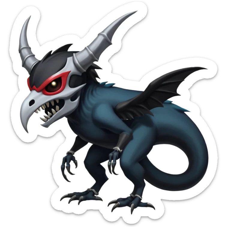 Shiny Dark Edgy  Duskull-Zoroark-Salandit-Inteleon-Amaura-Fakémon-hybrid-creature (full body) with a horned bird-skull-mask sticker