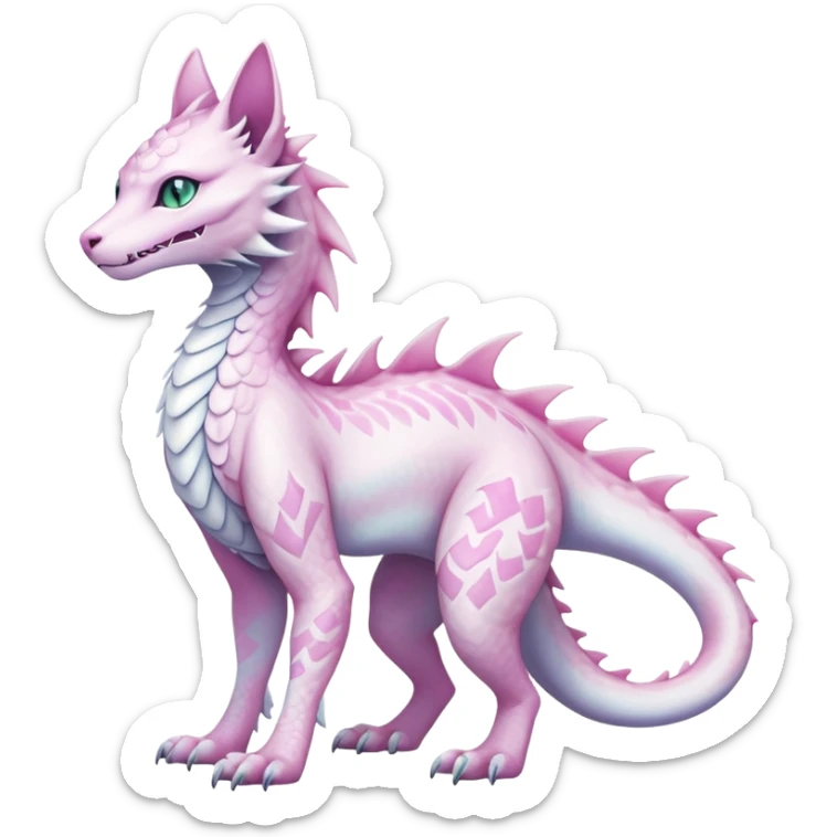 Kawaii white pastel iridescent beautiful pretty elegant divine edgy fantasy feline-vernid-sergal-Haku-dragon-fursona animal creature, full body with intricate markings  sticker