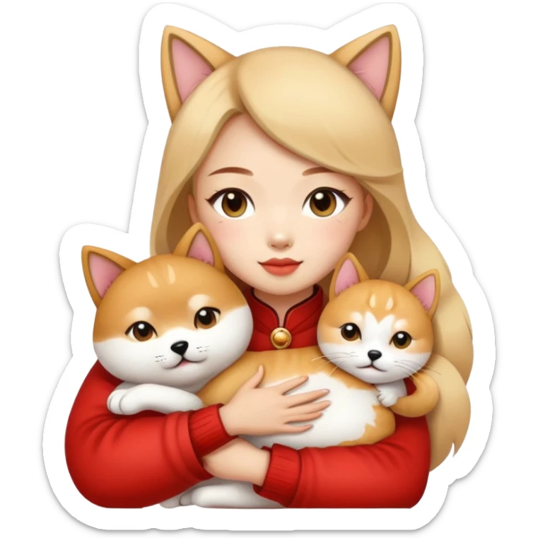 chinese fashion girl hugging  A Shiba Inu and a cat sticker