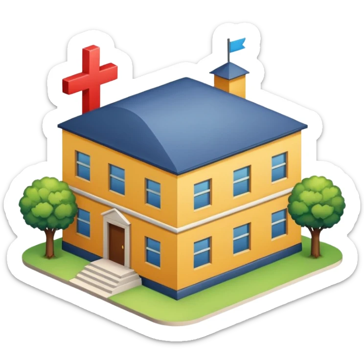 dormitory with a cross mark, next to job, house, and school symbols, clean and optimistic sticker