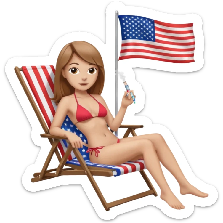 White Woman with straight light brown hair in a bikini in a beach chair vaping with an american flag sticker