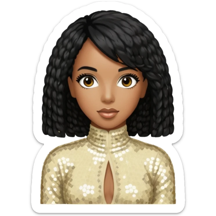 Kelly Rowland from Destiny's Child with black hair, cream sequin outfit sticker