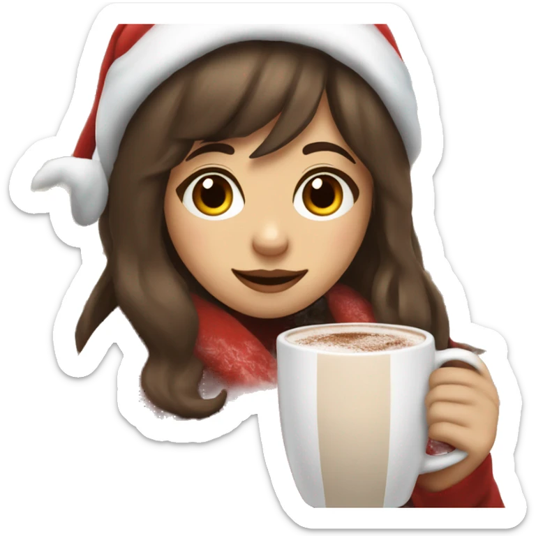 Girl with brown hair wispy bangs wearing a Santa hat and a blanket hold a cup of hot chocolate  sticker