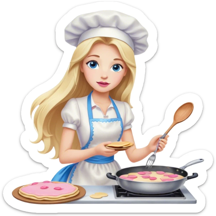 Cinematic realistic beautiful blonde with long hair, blue eyes and pink lips in a white dress cooks pancakes sticker