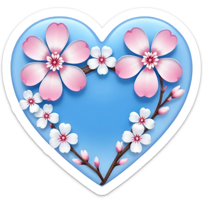  blue sakura heart, heart made of white sakura petals with pink accents, remove background sticker
