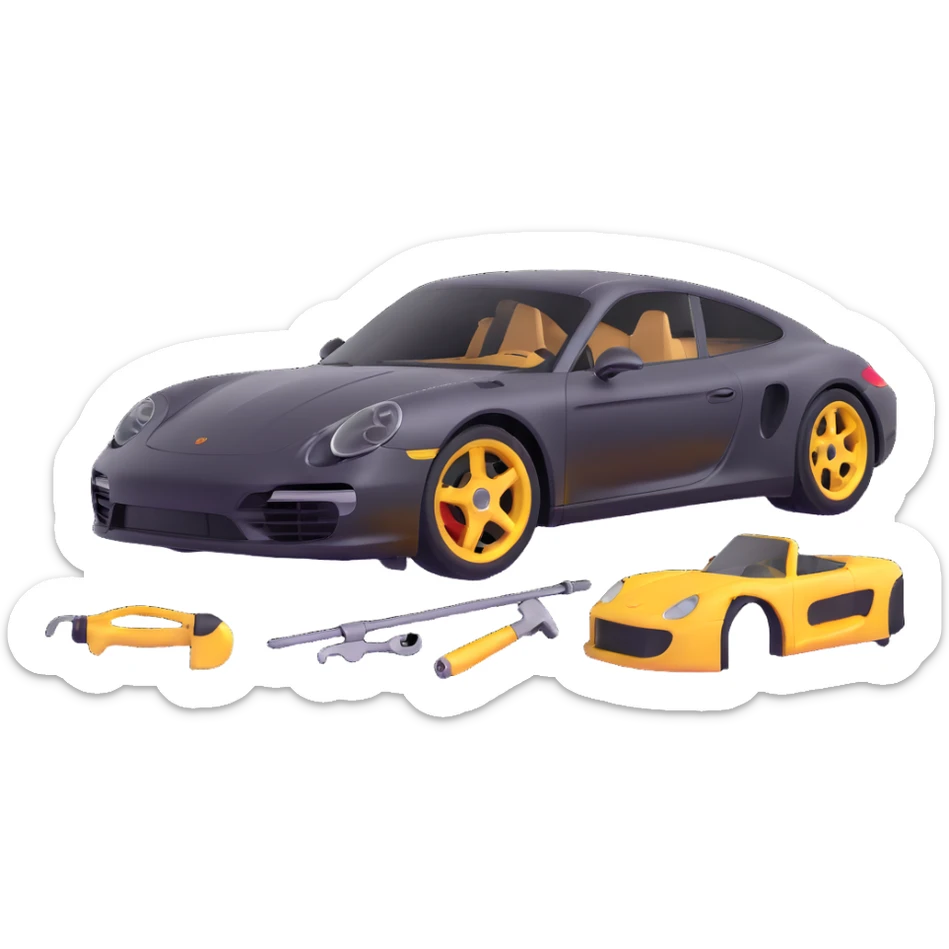 icon of a Porsche luxury car with a clearly visible dent or damage on the bodywork, with bodywork reconstruction tools like a lever, small hammer, and repair equipment positioned to show active repair, elegant and modern sticker