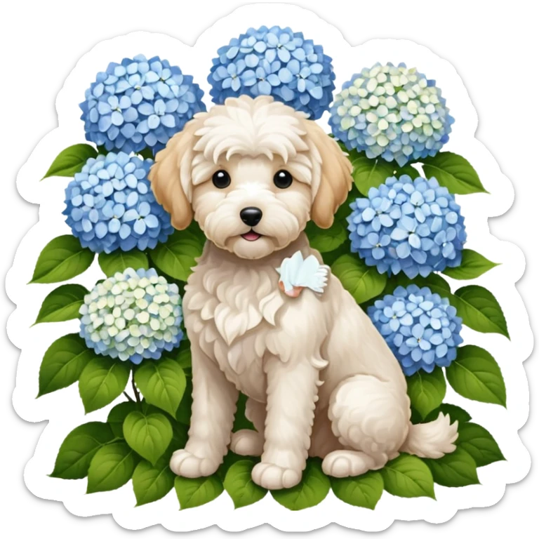A golden doodle and white Maltese sitting in front of a bush of hydrangeas sticker