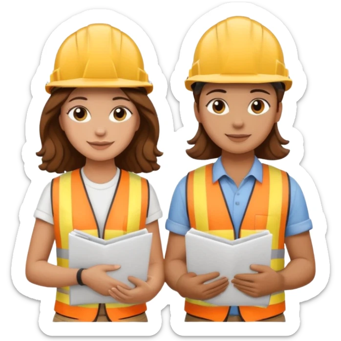 a couple holding hands, boyfriend with short brown hair, girlfriend with long brown curls, both wearing construction helmets and holding construction plans, emoji style sticker